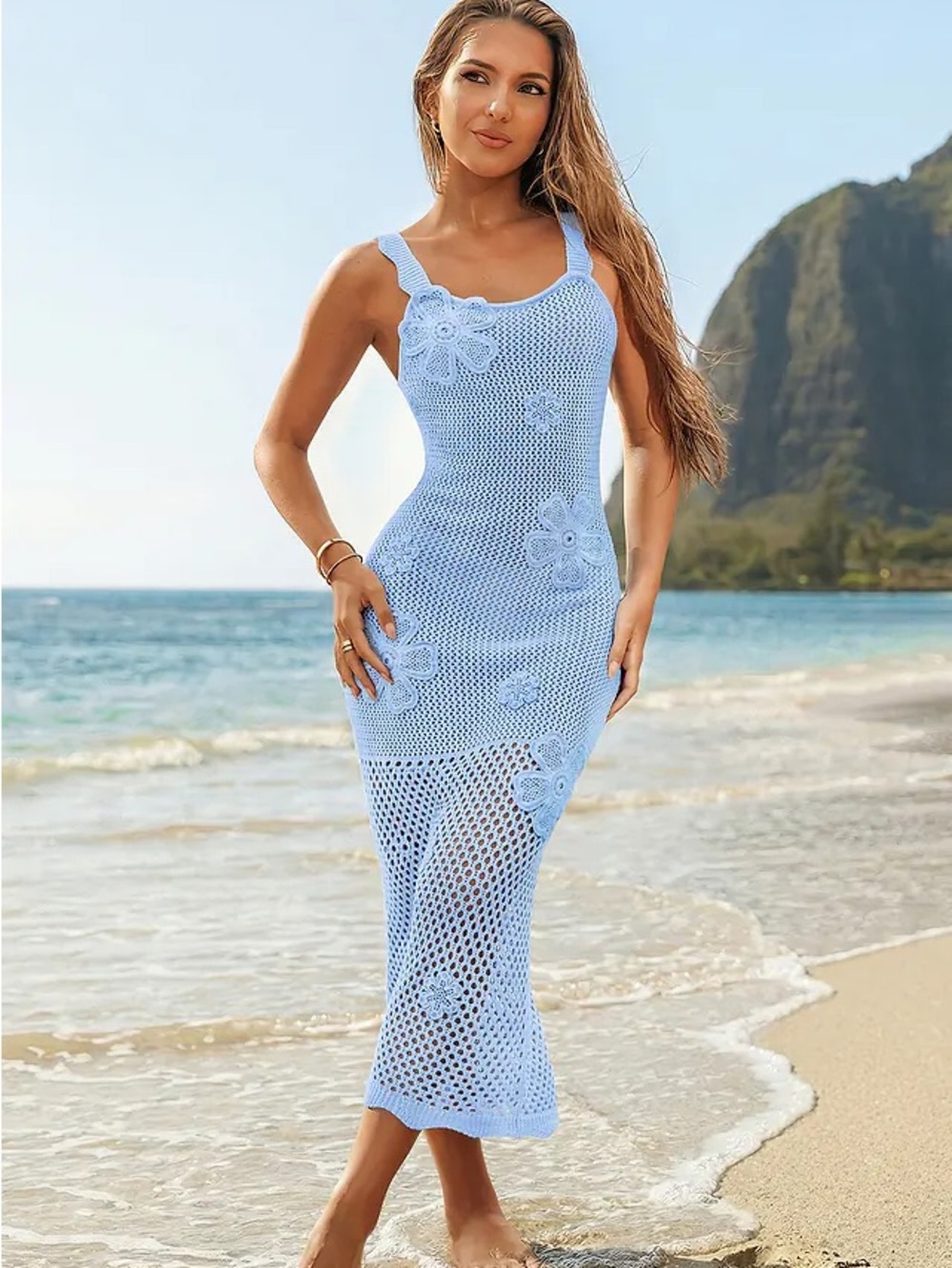 Cupshe Light Blue Crochet Midi Swim Cover-Up Dress